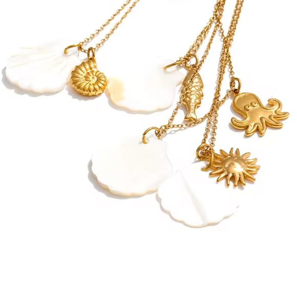 Sun Gold White Shell 18K Gold Stainless Steel Waterproof Necklace - Picture 2 of 8